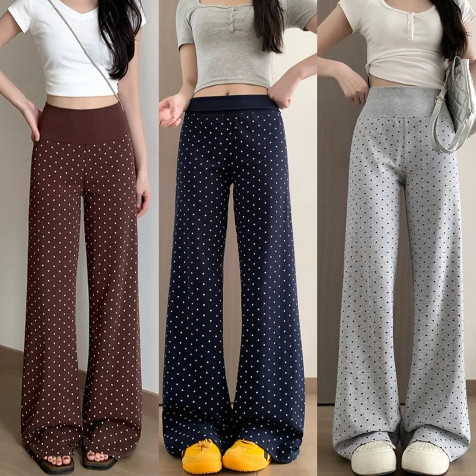Polka-dot Boot-cut Pants for Women High-waisted Slim Casual Leggings Retro Versatile Outer Wear Gym Running Outdoor Sports Pants
