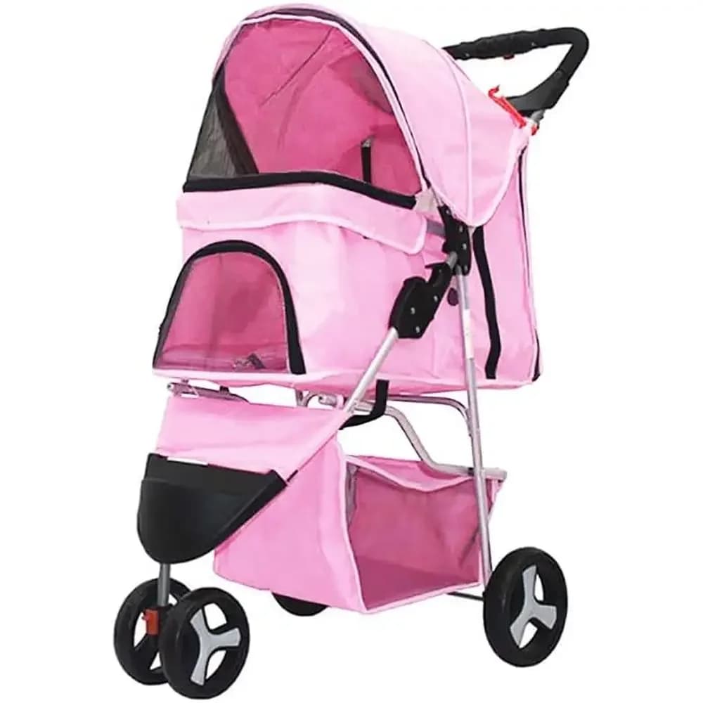 Pink 3-Wheel Pet Stroller for Dogs and Cats - Travel Carrier with Cage