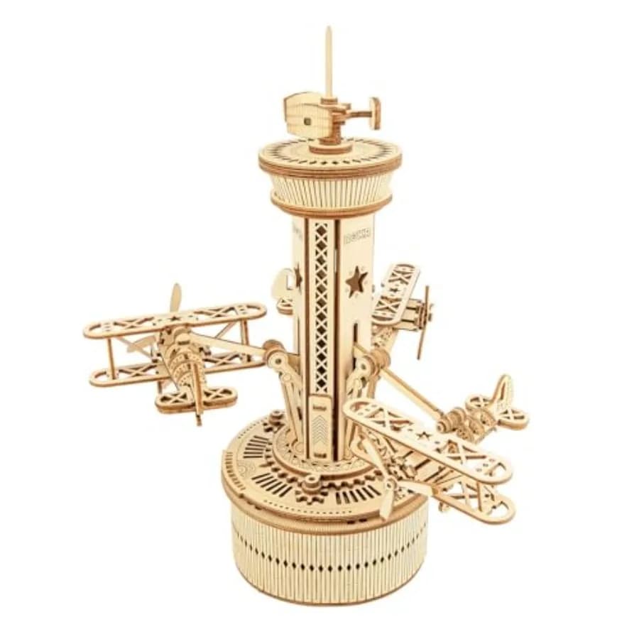 Puzzle 3D in Legno per Adulti - Modellino Meccanico Fai-da-Te di Aeroplano e Torre con Carillon - Kit di Costruzione da 10 Pollici - Regalo di Compleanno per Uomini/Donne/Genitori