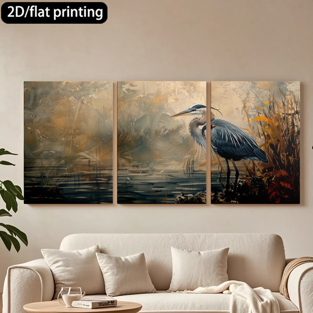 Decorative painting on canvas with wooden frame, 3 pieces. Blue cigogna, body of water, artistic environments. Tende per camera da letto ikea.
