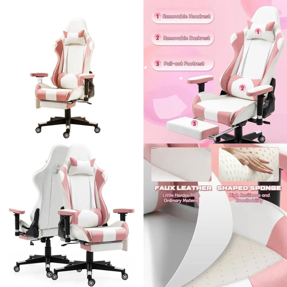 Sedia da Gaming in Pelle PU Rosa e Bianca con Schienale Alto, Poggiapiedi, Reclinabile, Supporto Lombare e Cuscino