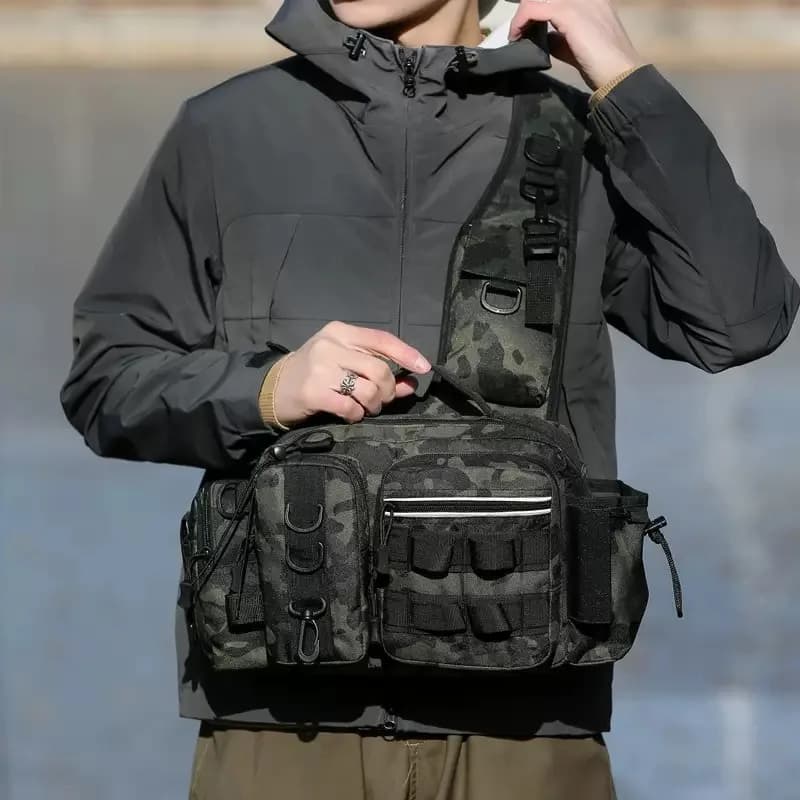 Zaino da Pesca con Porta Canna, Borsa Porta Attrezzatura, Marsupio e Borsa a Tracolla per Uomo