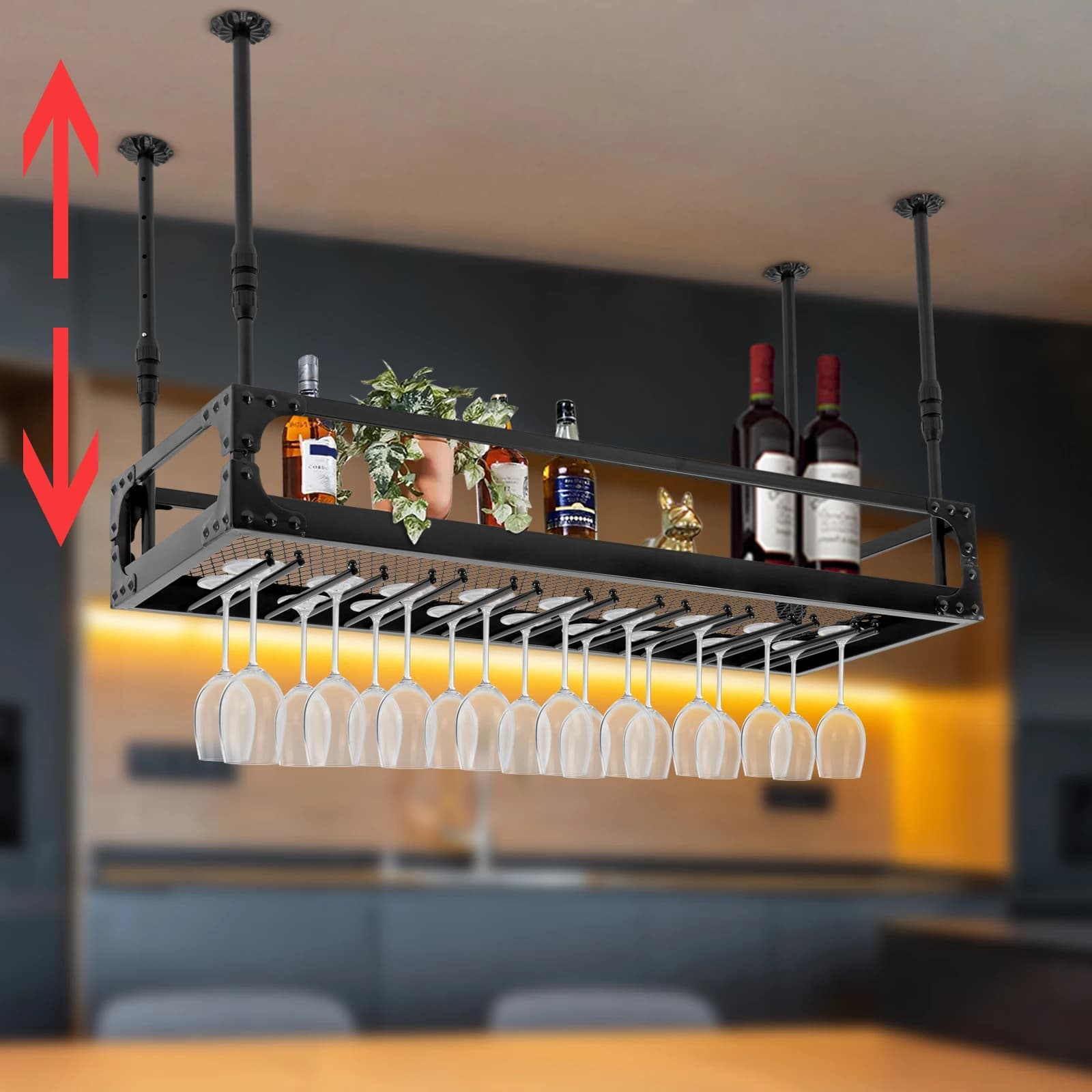 1m Metal Ceiling Glass Door, Adjustable Height 35-55 cm, Glass Bottle Holder for Liquor, For Kitchen Bar, Black