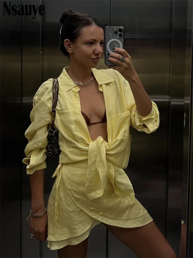 Nsauye Camicia a maniche lunghe da donna sexy Club Top Mini Party Casual Moda Summer Beach Cover Up Gonna Abiti Set a due pezzi 2025