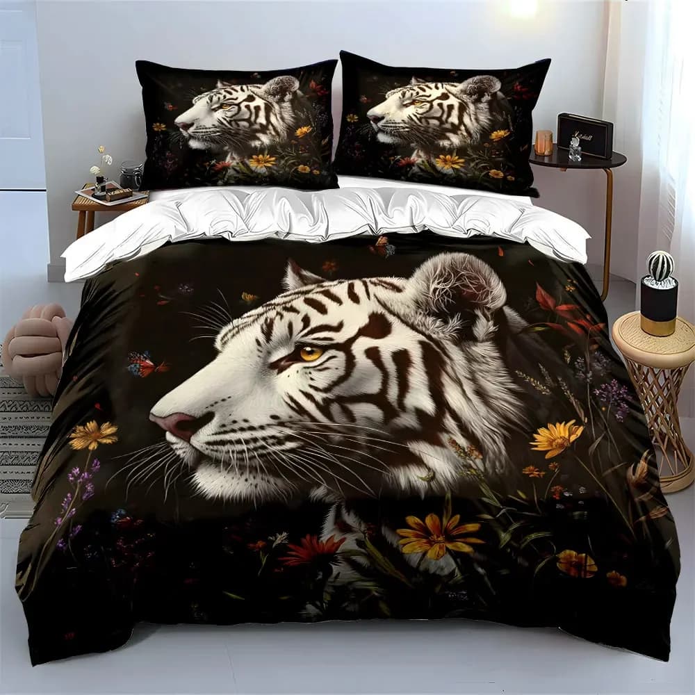 Set di biancheria da letto con decorazioni floreali a tema tigre selvaggia, con 1 copripiumino e 2 federe, singolo, matrimoniale, king, queen, idea regalo