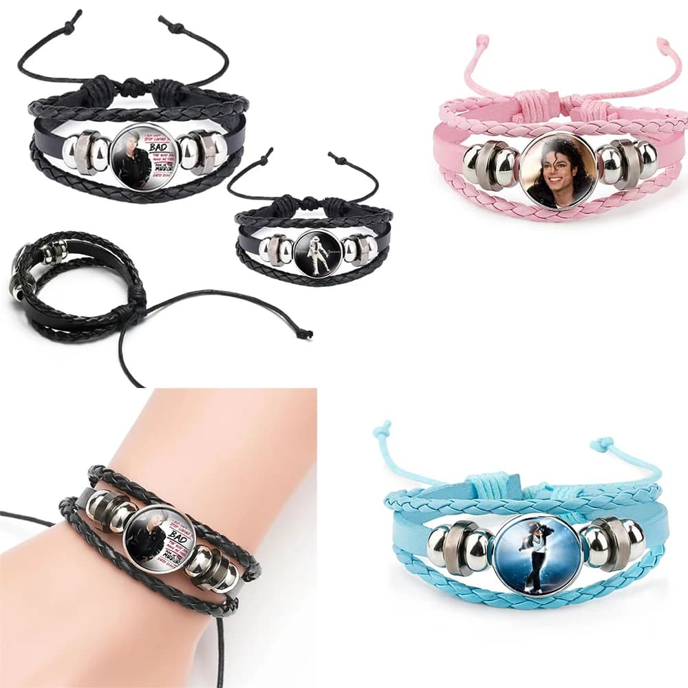 Michael Jackson Time Gem Leather Bracelet Men Women Vintage Braided Rope Wristband King of Pop MJ Fans Jewelry Gift