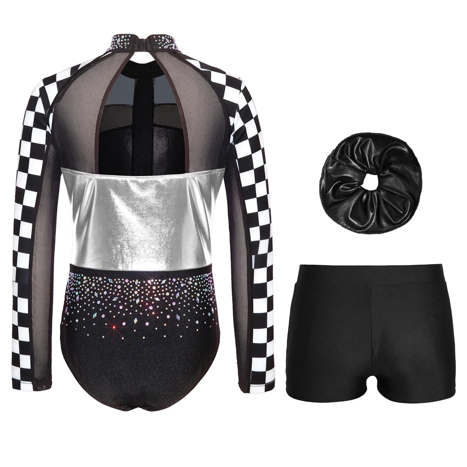 Girls Sparkle Rhinestones Gymnastics Set Ballet Dance Clothes Outfit Long Sleeve Back Cutout Ice Figure Skating Leotards Shorts