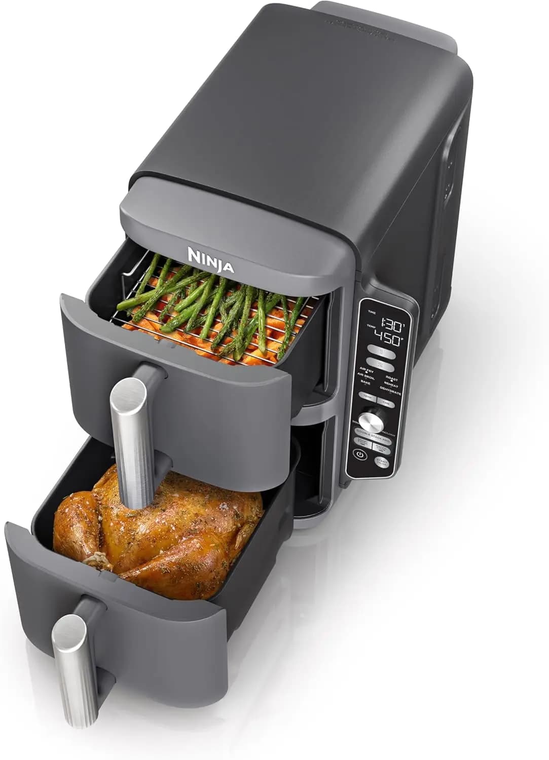 Kitchen Double Basket Grey Air Fryer Cooks 4 Foods Smart Cook System