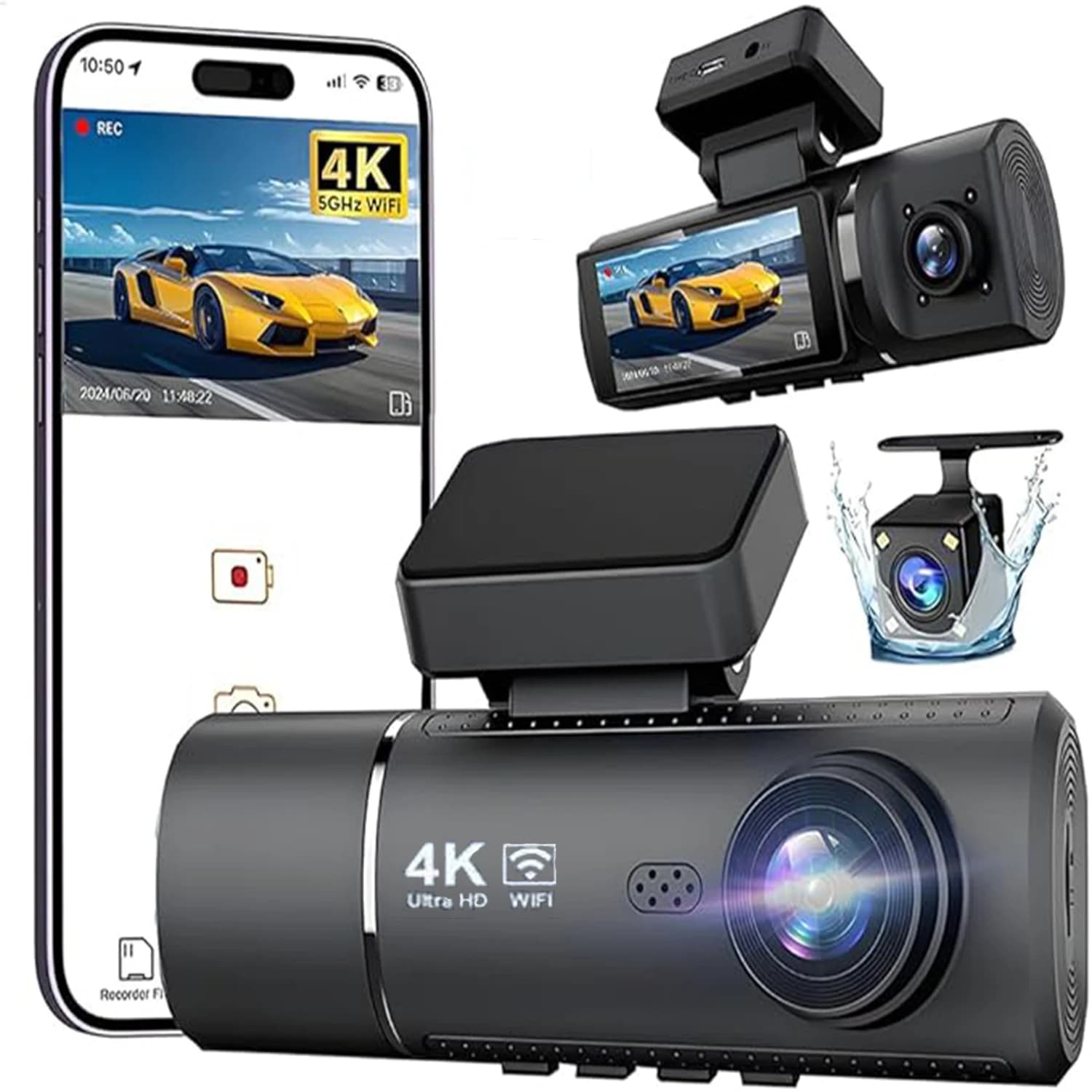 Dash Cam 4K a 3 canali all'interno 5GWiFi integrato 4K + 1080P + 1080P Dash Camera Schermo IPS da 3,16 pollici Sensore G 24 ore Monitor di parcheggio Visione notturna