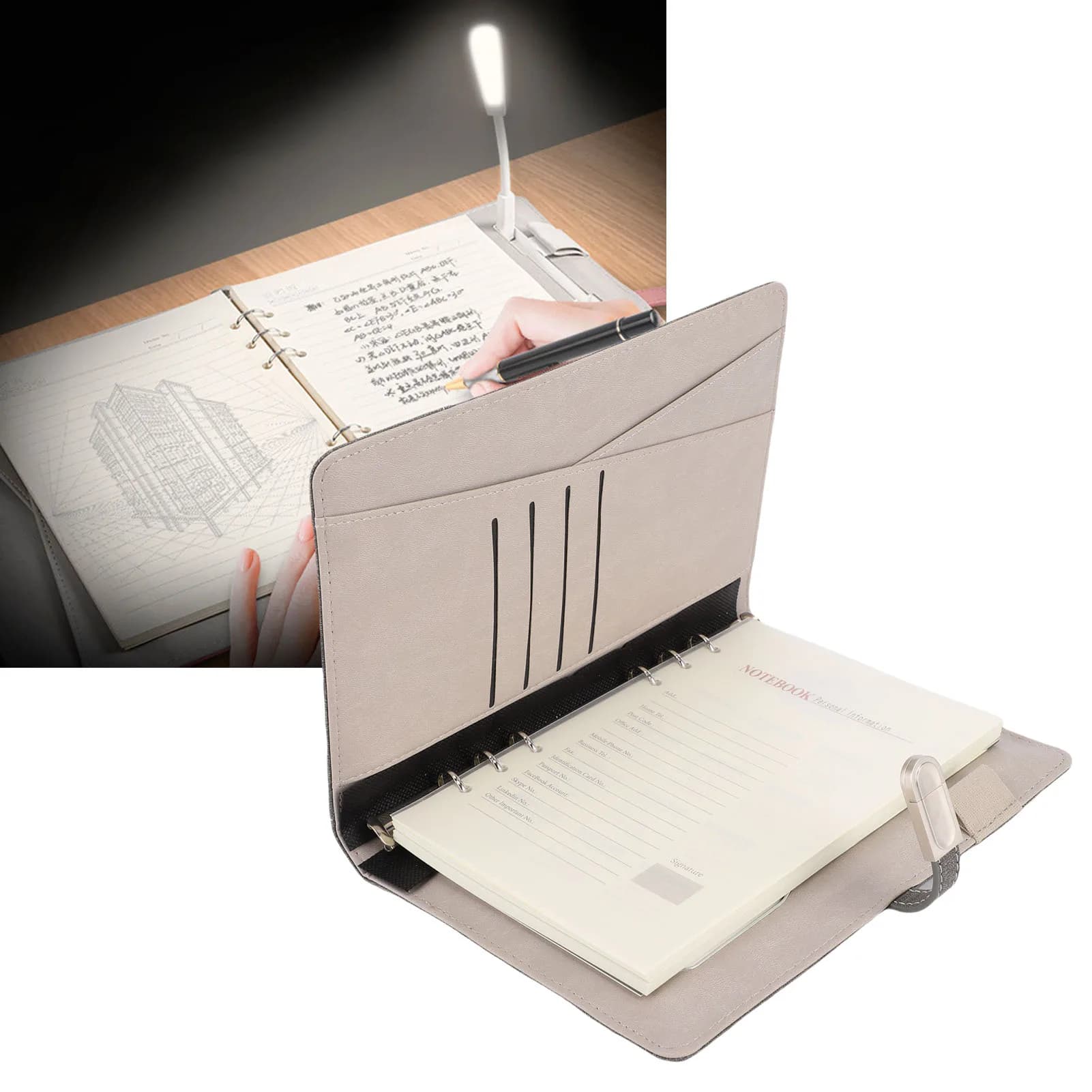 Notebook Intelligente per Affari con Lampada, Registrazione Audio, Fonte di Alimentazione Portatile, Caricatore Wireless 15W, Agenda Intelligente Ricaricabile