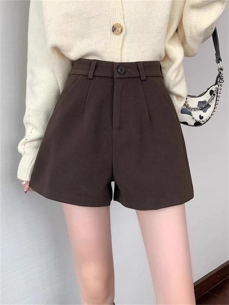 High Waist A-Line Woolen Short Pants Women's Casual Five-Quarter Length Plump MM Slimming Tweed Boots Pants Commute Style