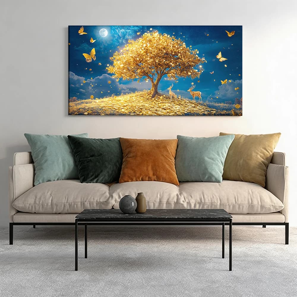 Painted on canvas with large wooden frame, 1 piece, Magic Tree, golden coins.