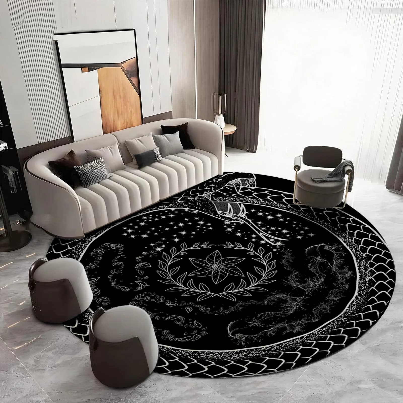 Large Round Black Bohemian Rug Line Art Mat Circular Zodiac Constellation Decor Boho Indoor Floor Carpet Area Rug for Living Roo