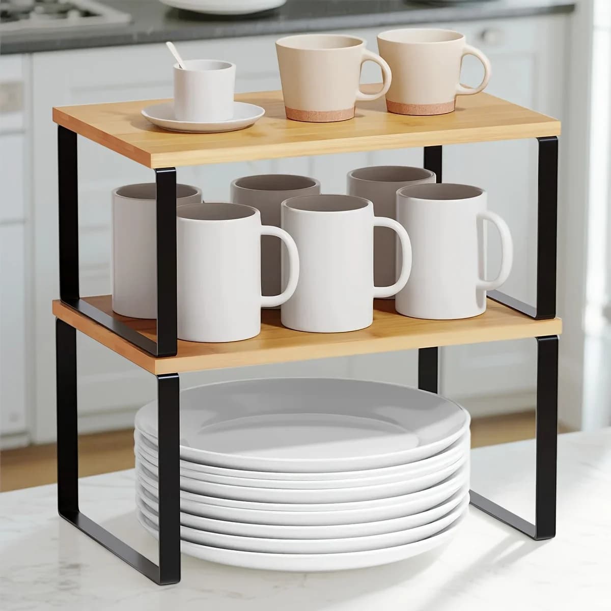 Kitchen Counter Shelves Spice Rack Set of 2, Stackable Cabinet Organizer Shelf, Expandable Kitchen Shelves Organizer for Kitchen