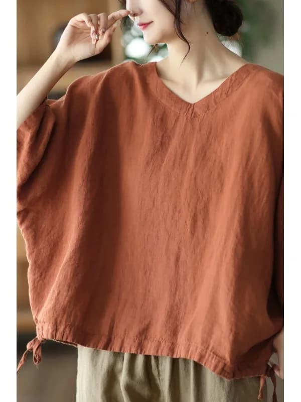 Authentic Retro Linen Hooded T-Shirt Fashionable Batwing Sleeve Drawstring Top Women's Summer Casual Regular Thickening