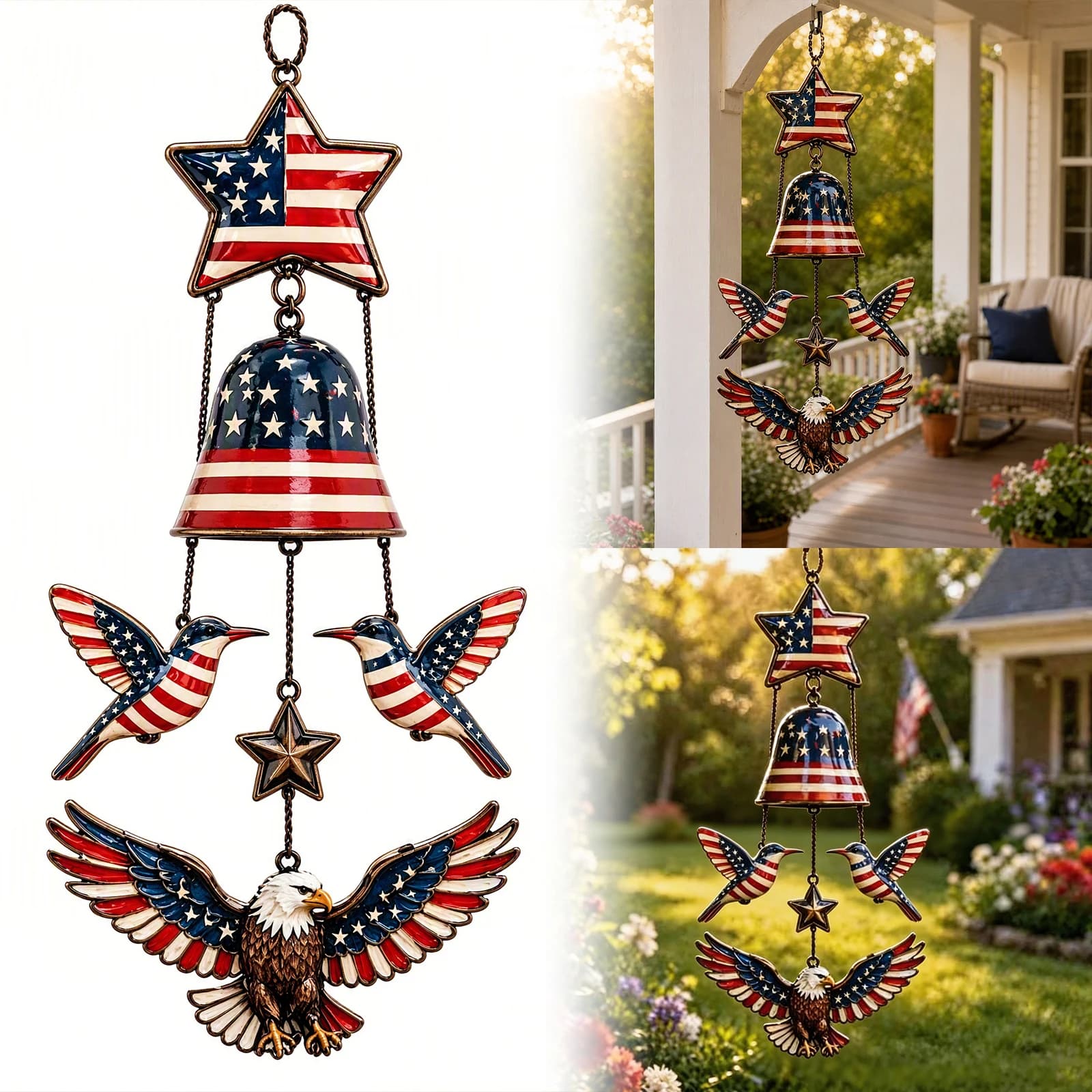 Patriotic Outdoor Wind Chime 250th Anniversary American Flag Bald Eagle Porch Patio Garden Hanging Decor