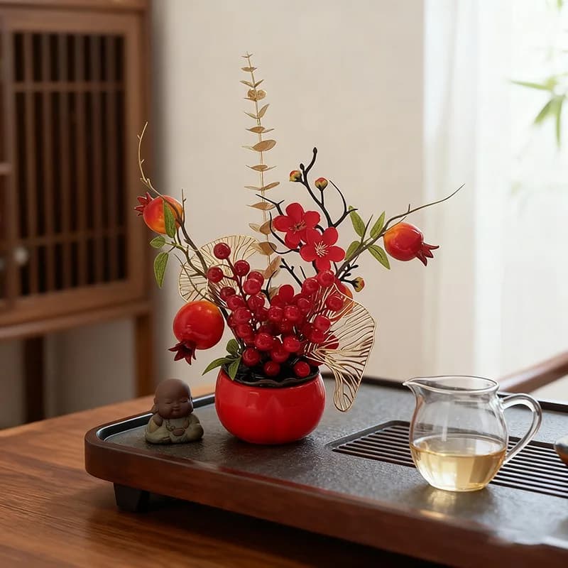 New Large Artificial Plant in Red Cake Vase, New Year's Spring Festival Home Decorations Artificial Fruits Small bonsai