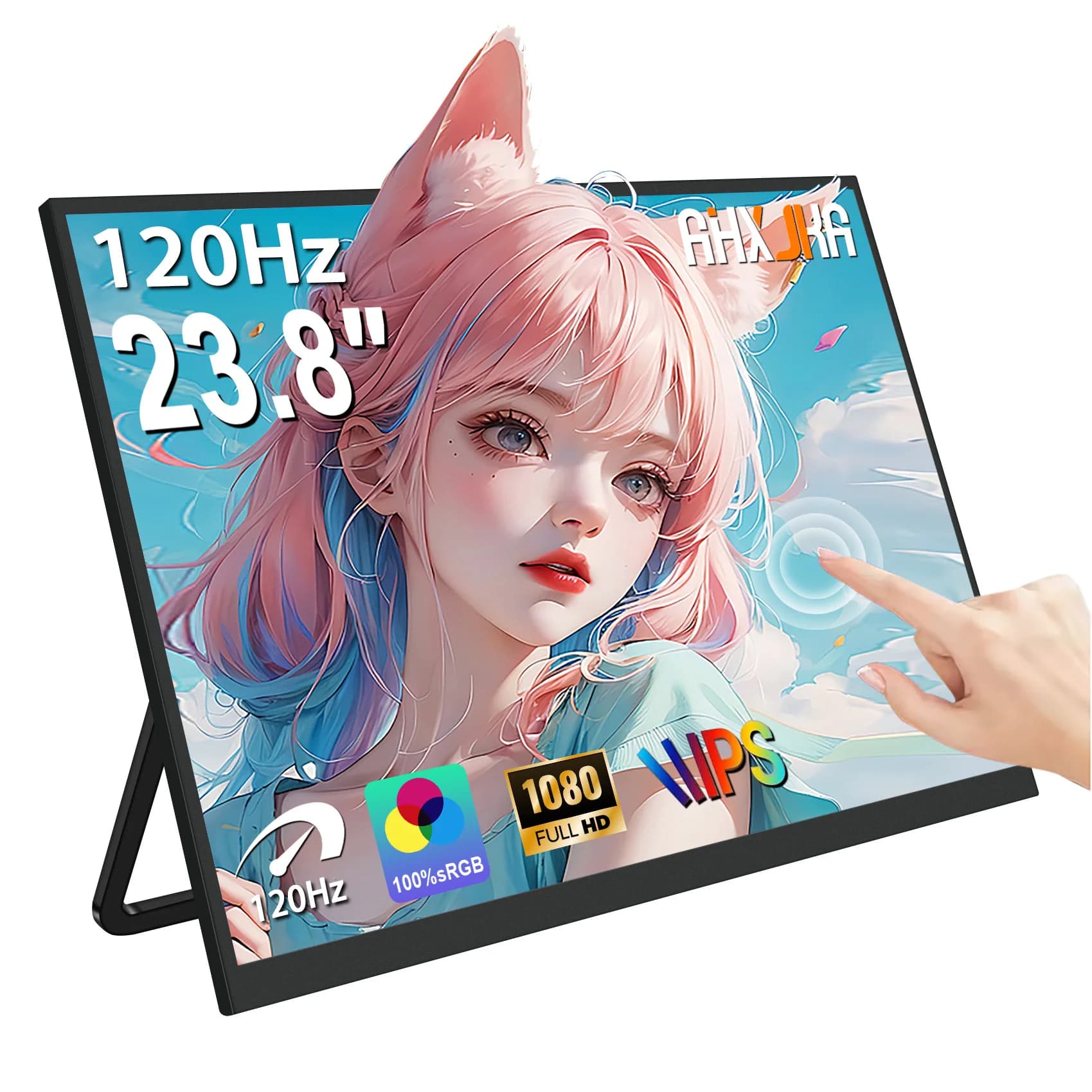 AHXJKA Monitor 23.8" 120Hz USB-C HDMI portable touchscreen Wide outdoor gaming screen Speakers with integrated support for PS4/5 laptop