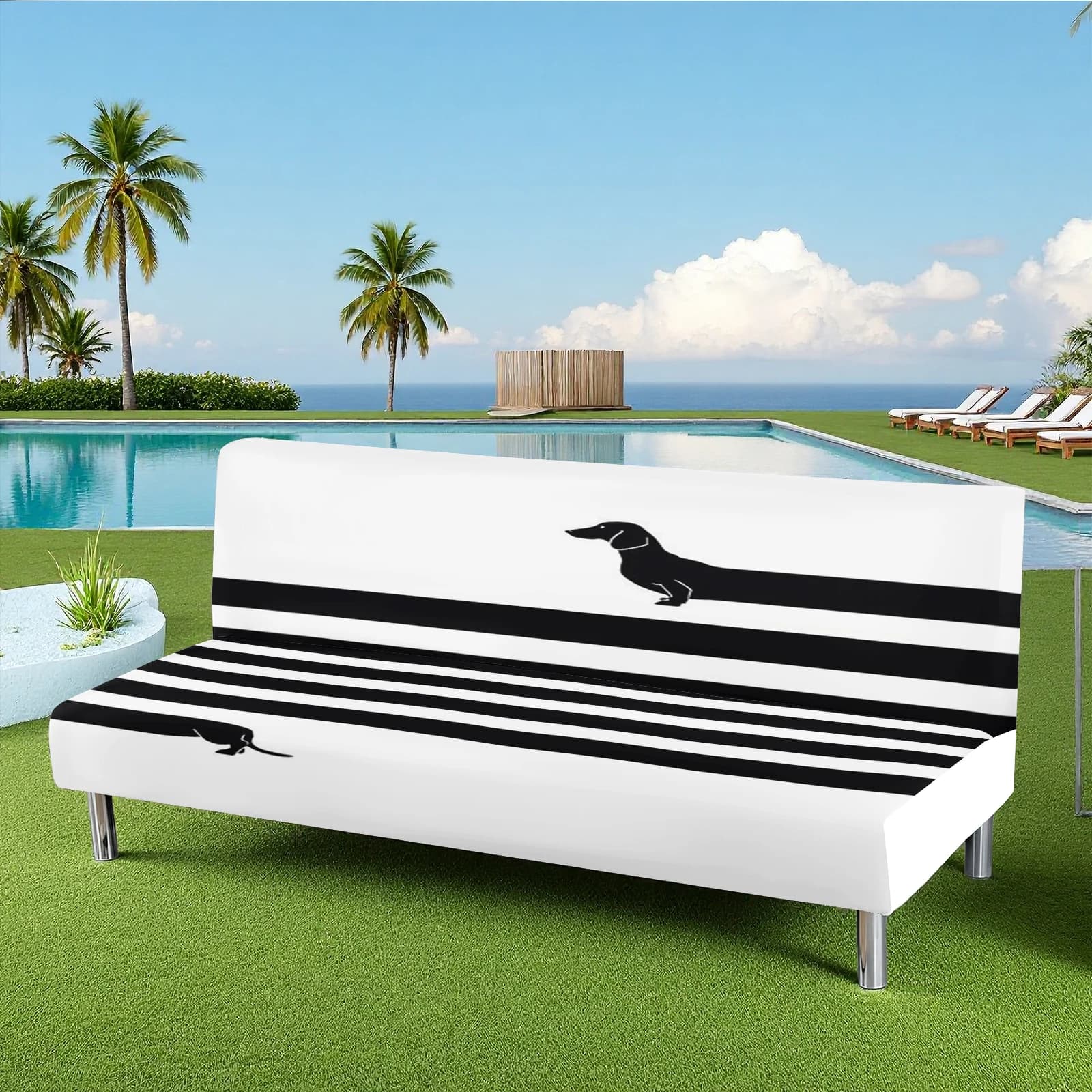 Copertura per Futon Estiva a Righe Bianche e Nere con Stampa Animalier, Copridivano Elastico in Seta di Latte, Pet - Fri