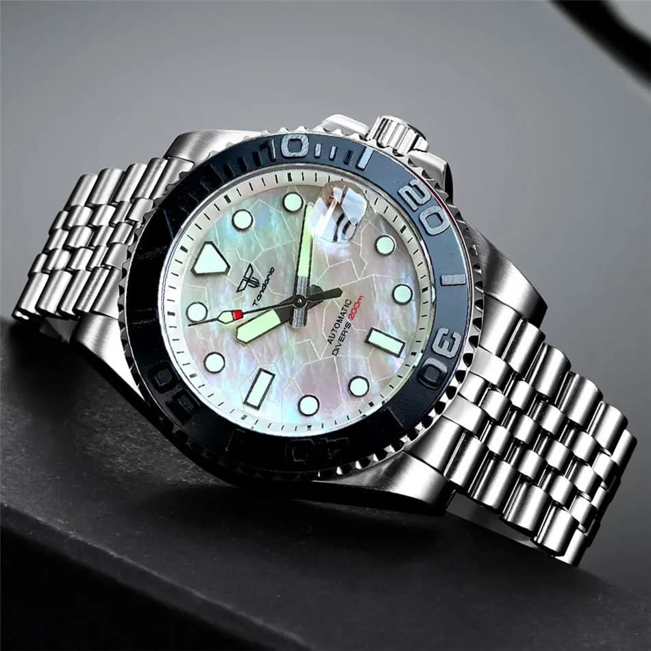 Tandorio 40mm Nero Bianco Madreperla Quadrante Vetro Zaffiro NH35A Orologio Automatico da Uomo Data 20ATM Diver Lunetta Rotante Luminoso
