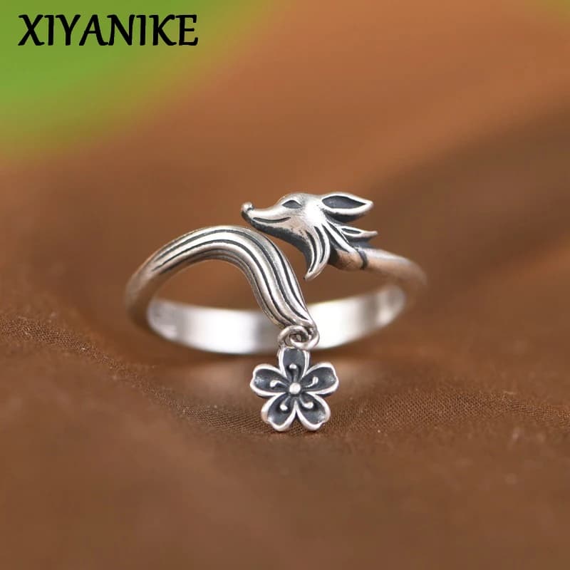 XIYANIKE uomo donna Vintage Thai Silver Fox Flower Cuff Finger Rings Animal Fashion New Jewelry Lovers Gift Party anillos mujer