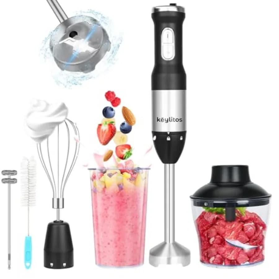 Frullatore a Immersione 5 in 1 [Versione Aggiornata] con Tritatutto da 600ML, Bicchiere da 800ML, Frusta e Montalatte