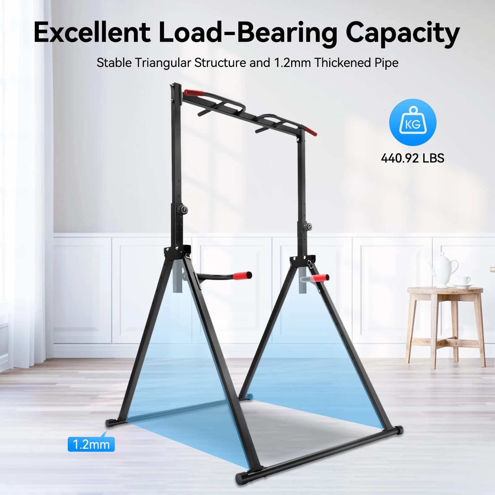 Support for folding and independent traction bar, robust power tower training station for strength training in home gym height adjustable