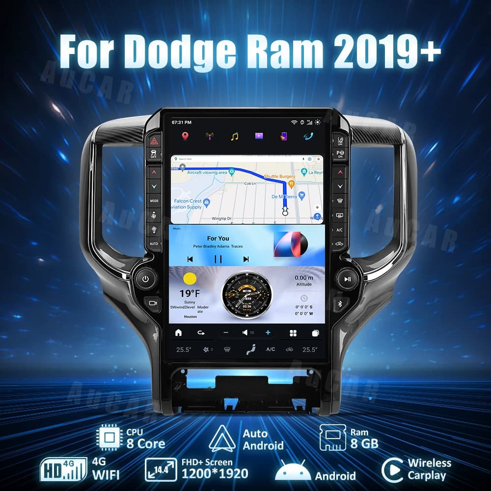 AuCar 14.4 Inch GPS Navigation Android 14.0 Head Unit Car DVD Player Car Radio For Dodge Ram 2019+