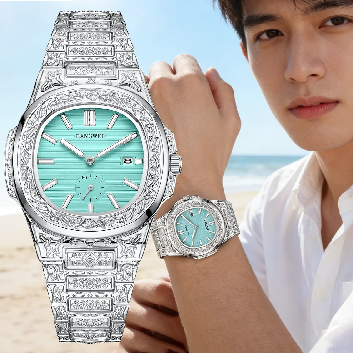 BANGWEI Men's Square Luxury Watches, Waterproof, Bright, With Date, Stainless Steel, Men's Watch, Sports, Quartz, For Men + Box