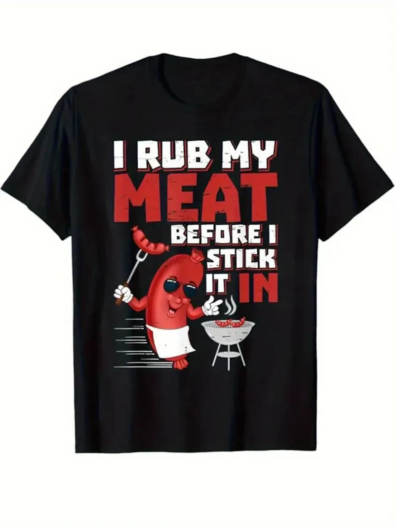 T-shirt da uomo in cotone con grafica divertente con slogan BBQ e design a cartoni animati - Nero Crew