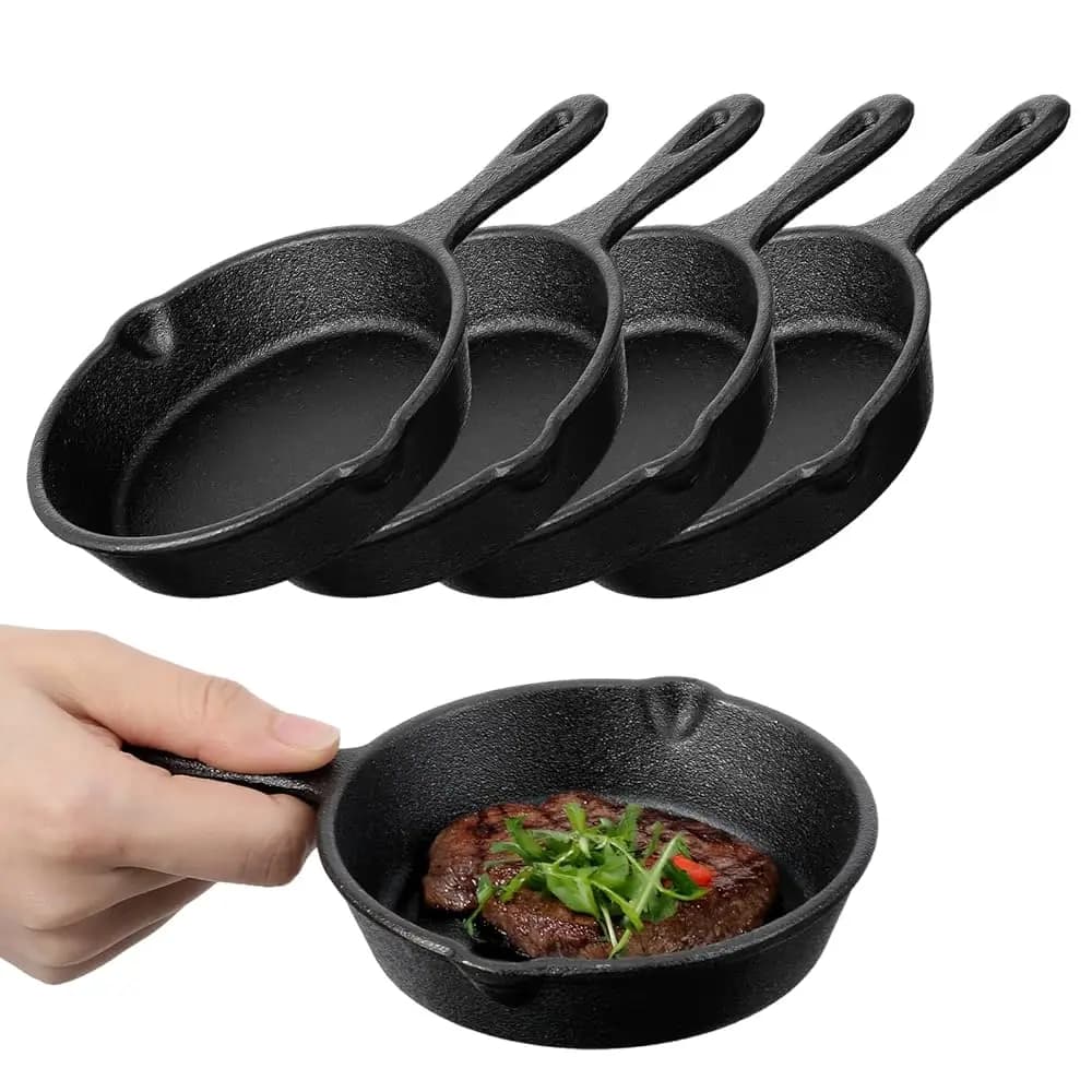 Set di 4 Padelle Piccole in Ghisa, Mini Padelle da 4 Pollici con Doppio Beccuccio, Padella Antiaderente in Ghisa con Manico per
