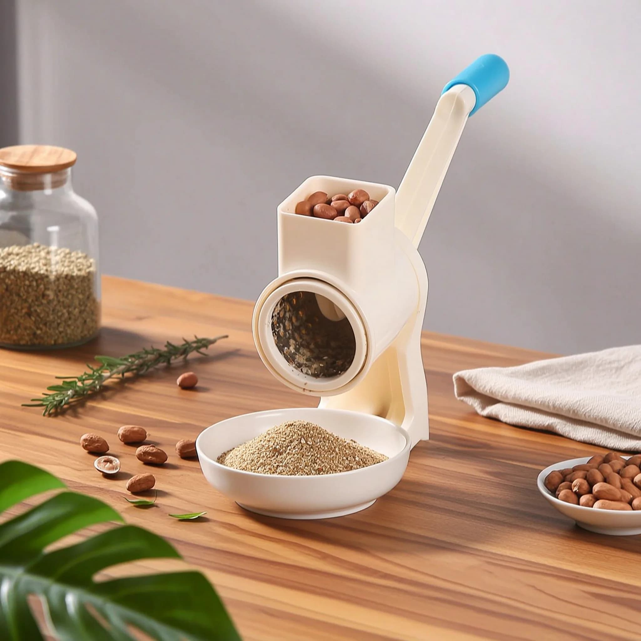 Hand Crank Nut Grinder Stainless Steel Blades Manual Nut Grinder Kitchen Tool Non-Skid Base Hinged Lid for Infant Food Prep