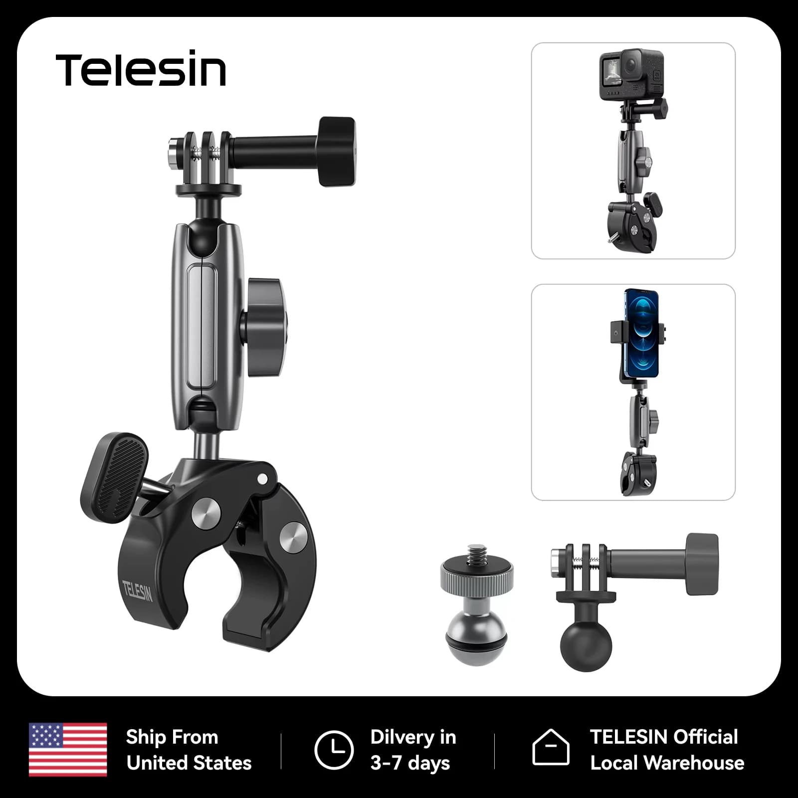 TELESIN Magic Arm with Clip for Cycling and Moto 360 ° Super clamp in Aluminum Alloy with 1/4\" Hole for Camera, GoPro, Cell Phone and Action Cam