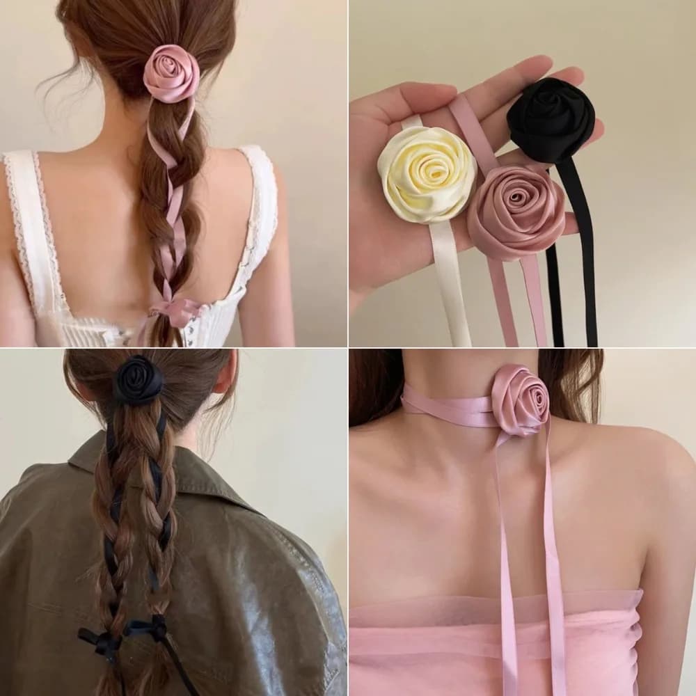 Primavera nuovo tessuto fiore rosa fiore girocollo / fascia doppia scopi regolabile rosa corda lunga fasce per capelli per copricapo da donna