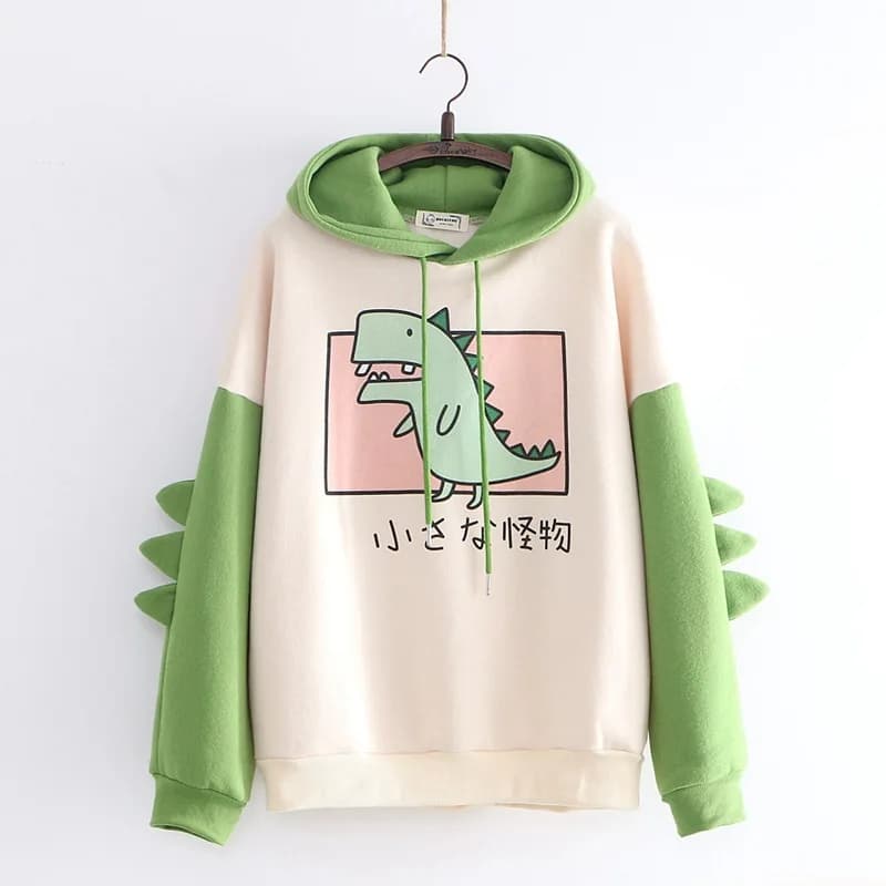 Donne dinosauro moda maniche lunghe contrasto Streetwear Cartoon stampato felpe con cappuccio sciolto Harajuku Casual confortevole autunno inverno