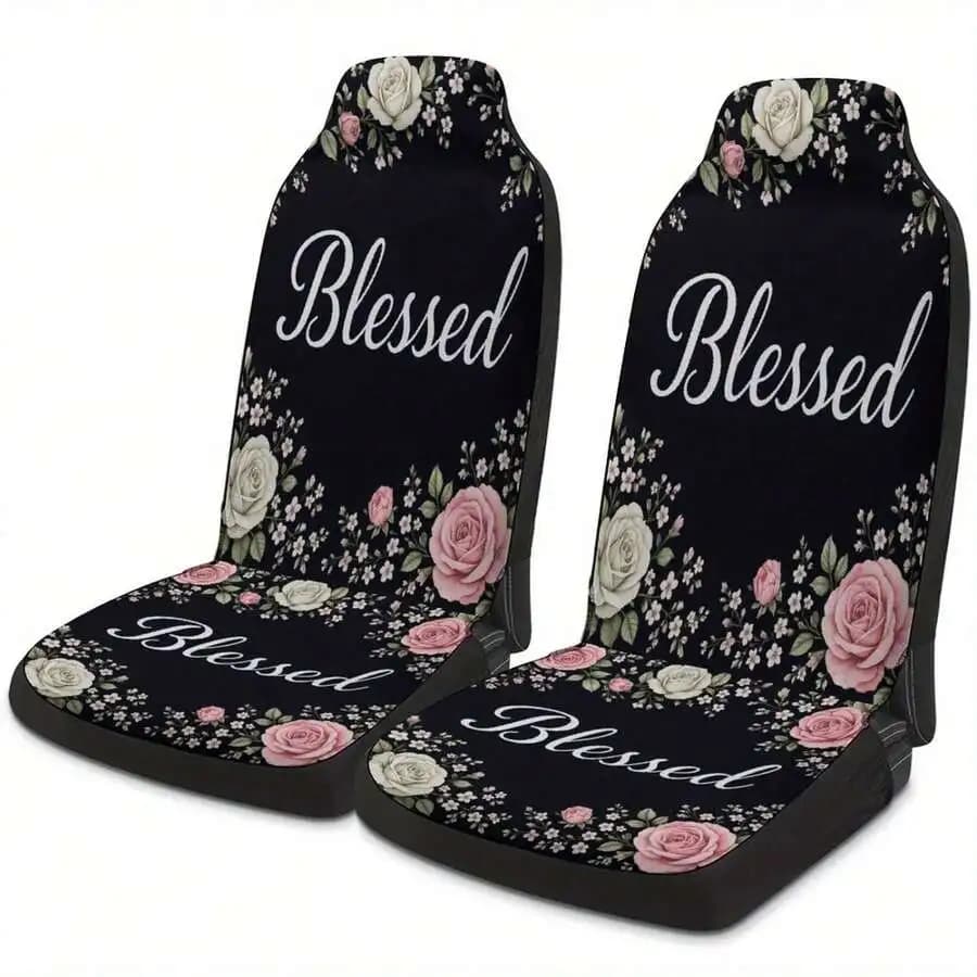 Floral Rose Car Seat Covers With Blessed Inscription Universal Auto Seat Protectors For Cars SUVs Trucks