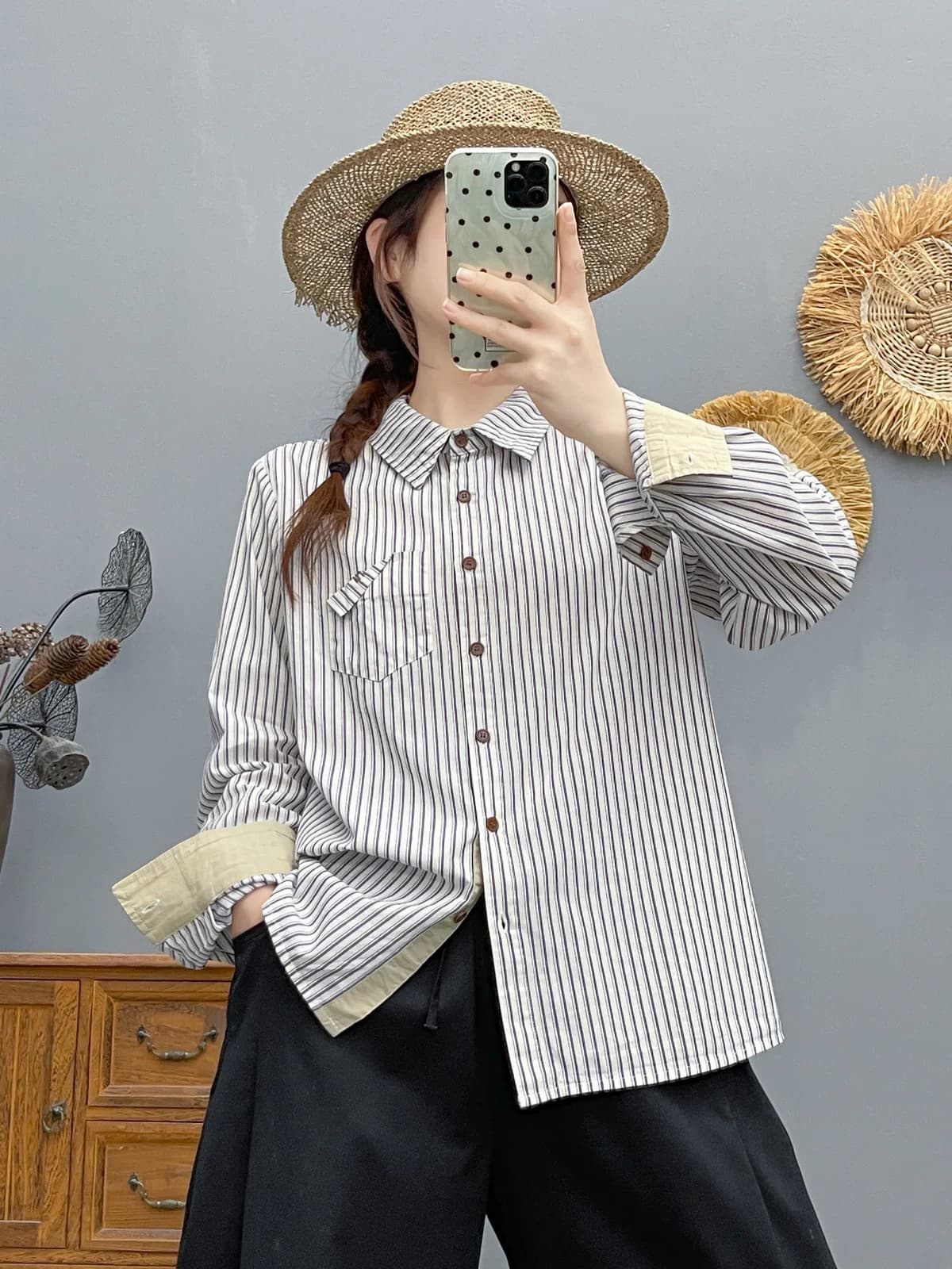2026 blusas elegantes de mujer Camicie e camicette a righe bianche blu grigie stile giapponese per donna top a maniche lunghe in cotone vintage