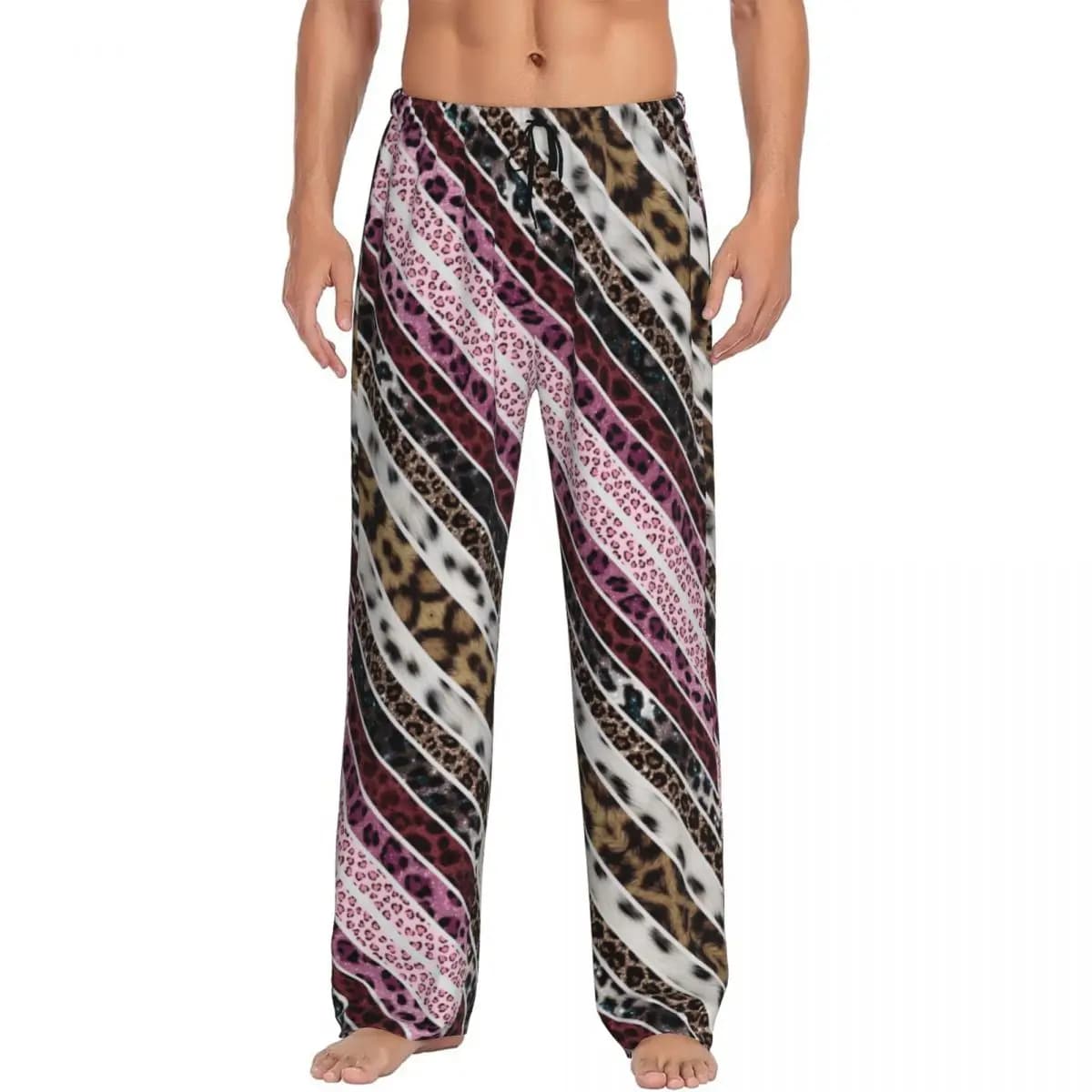 Pantaloni da Pigiama Personalizzati con Stampa Leopardata Colorata per Uomo, Vita Elastica, Pantaloni da Notte con Tasche
