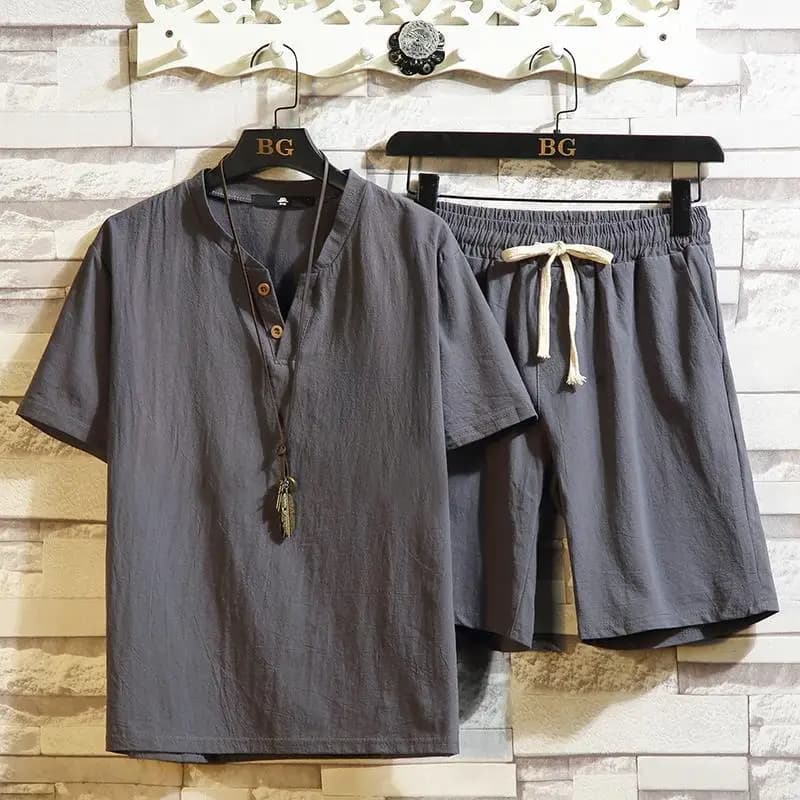 Pantaloncini a maniche corte in lino di cotone nuovo stile cinese estivo Set sportivo casual in due pezzi, traspirante e che assorbe il sudore
