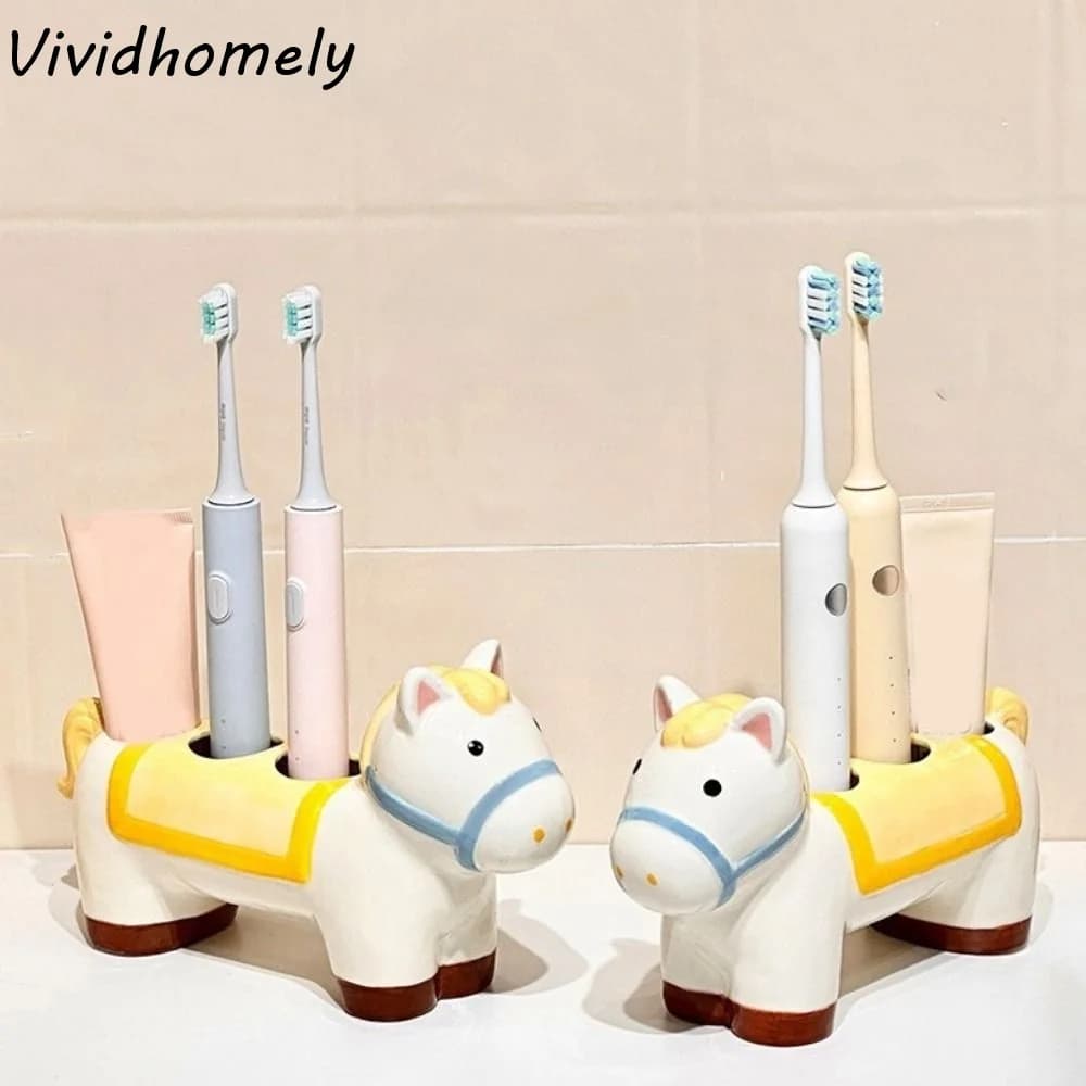 Electric Ceramic Horse Shape Brush Holder, Space Saving, 3 Holes, Waterproof and Decorative Brush Holder