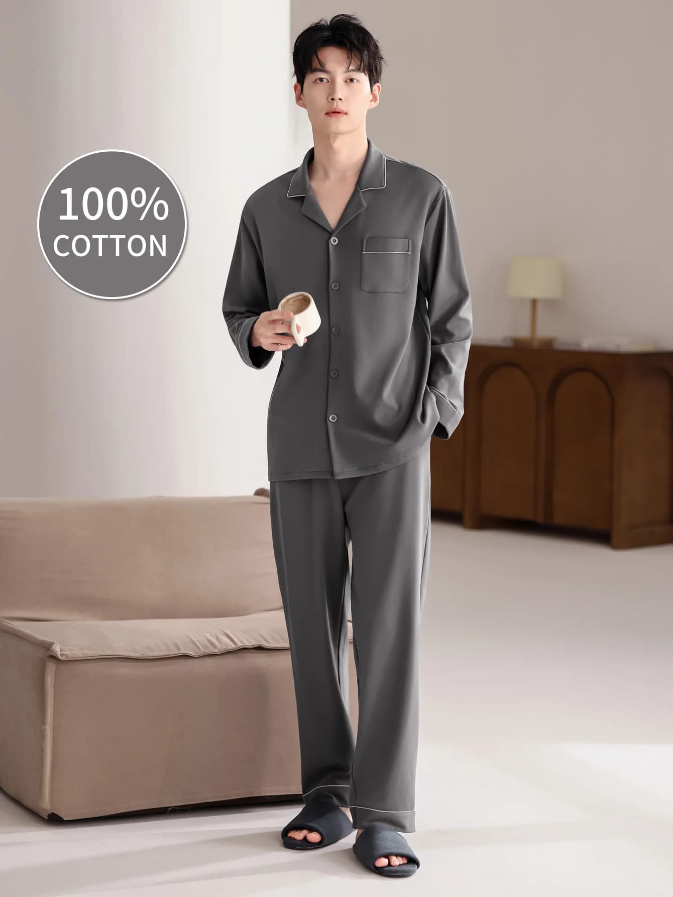 Pigiama da uomo 100% cotone a maniche lunghe per tutte le stagioni, taglie forti, set pigiama da casa in puro cotone per adolescenti, per il calore.