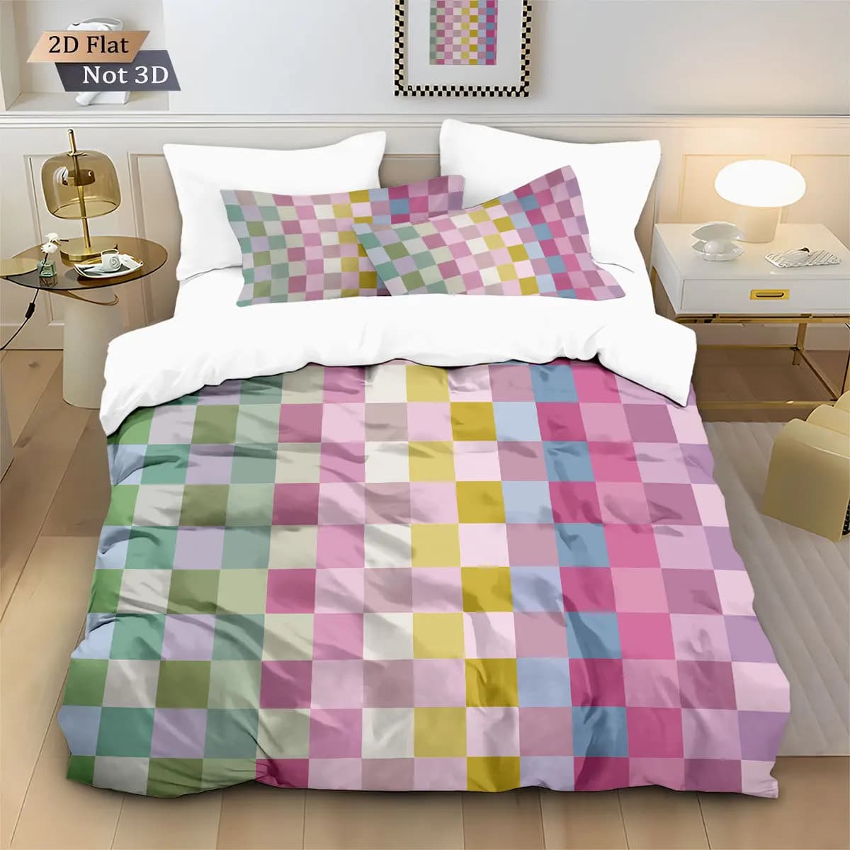 Colorful Geometric Checkerboard 3D Digital Printed Flannel Duvet Cover Set - 3PCS Soft Cozy Bedding with Pillowcases Breathable