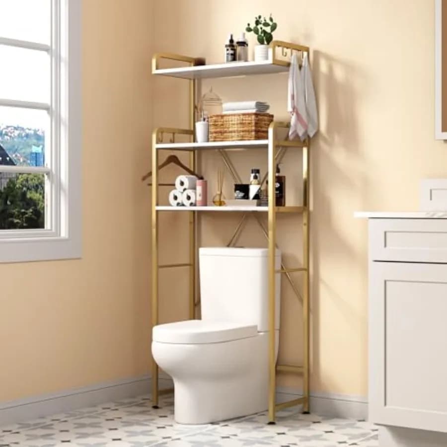 Over The Toilet Storage Rack with 3-Tier Shelves, Space Saver Toilet Shelf, Laundry Organizer with Hooks for Over Toilet Storag