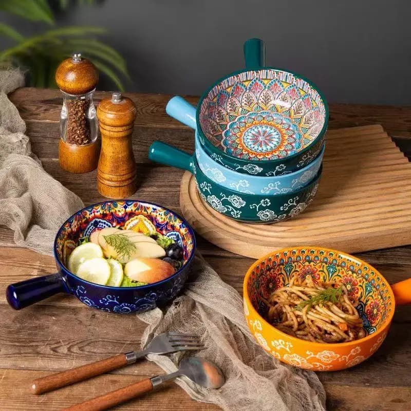 6.2In Retro Ceramic Handle Bowls Household Rice Bowls With Handles Instant Noodle Bowls Salad Bowls Air Fryer Baking Bowls