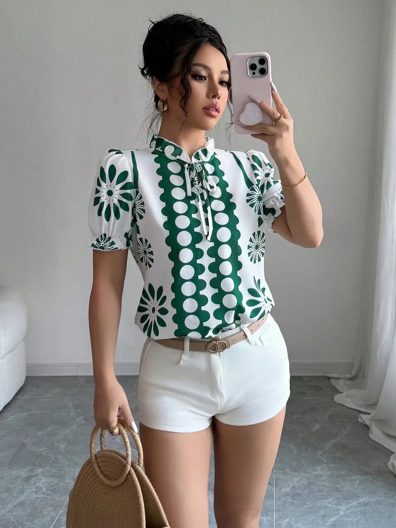 Women's Green and White Floral Print Blouse with Puff Sleeves and Tie Neck