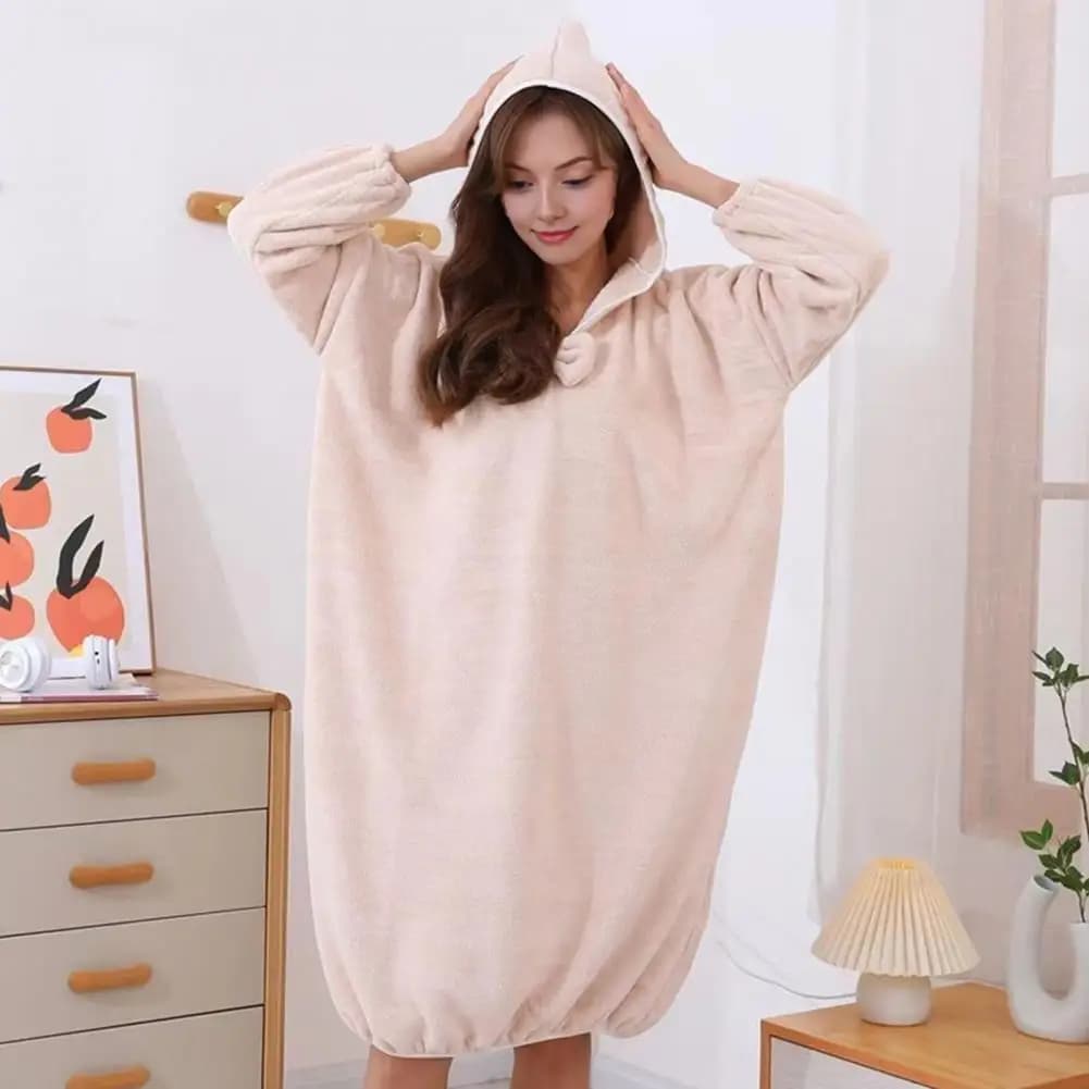 Knee Length Bathrobe Coral Velvet Bathrobe Women’s Coral Fleece Hooded Robe Soft Plush Bathrobe with Long Sleeves for Adults