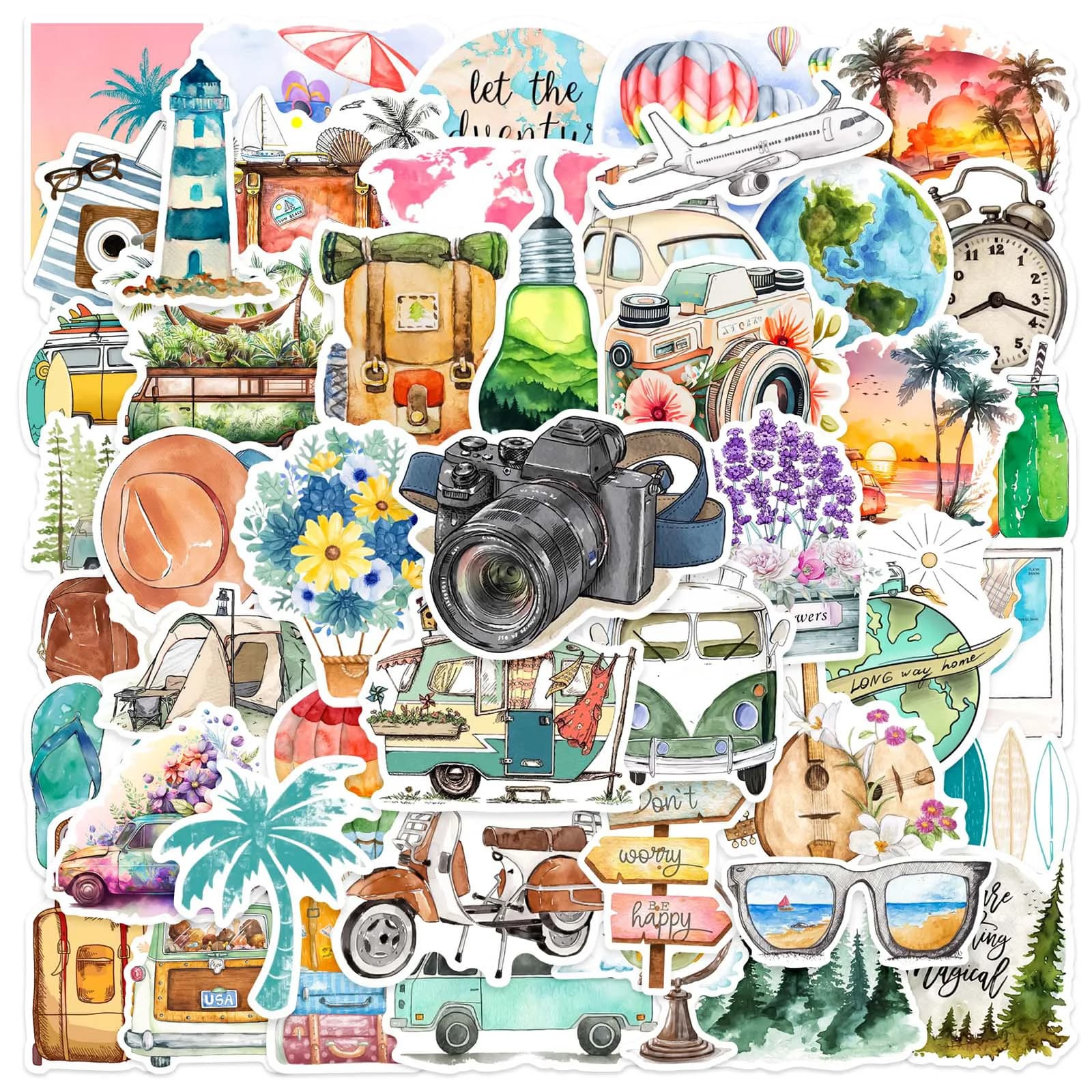 50 Pezzi Adesivi Serie Viaggio Cartoon Graffiti per Planner, Scrapbook, Diario, Decorazioni Fai-da-Te, Valigie, Porta Passaporto, Regalo