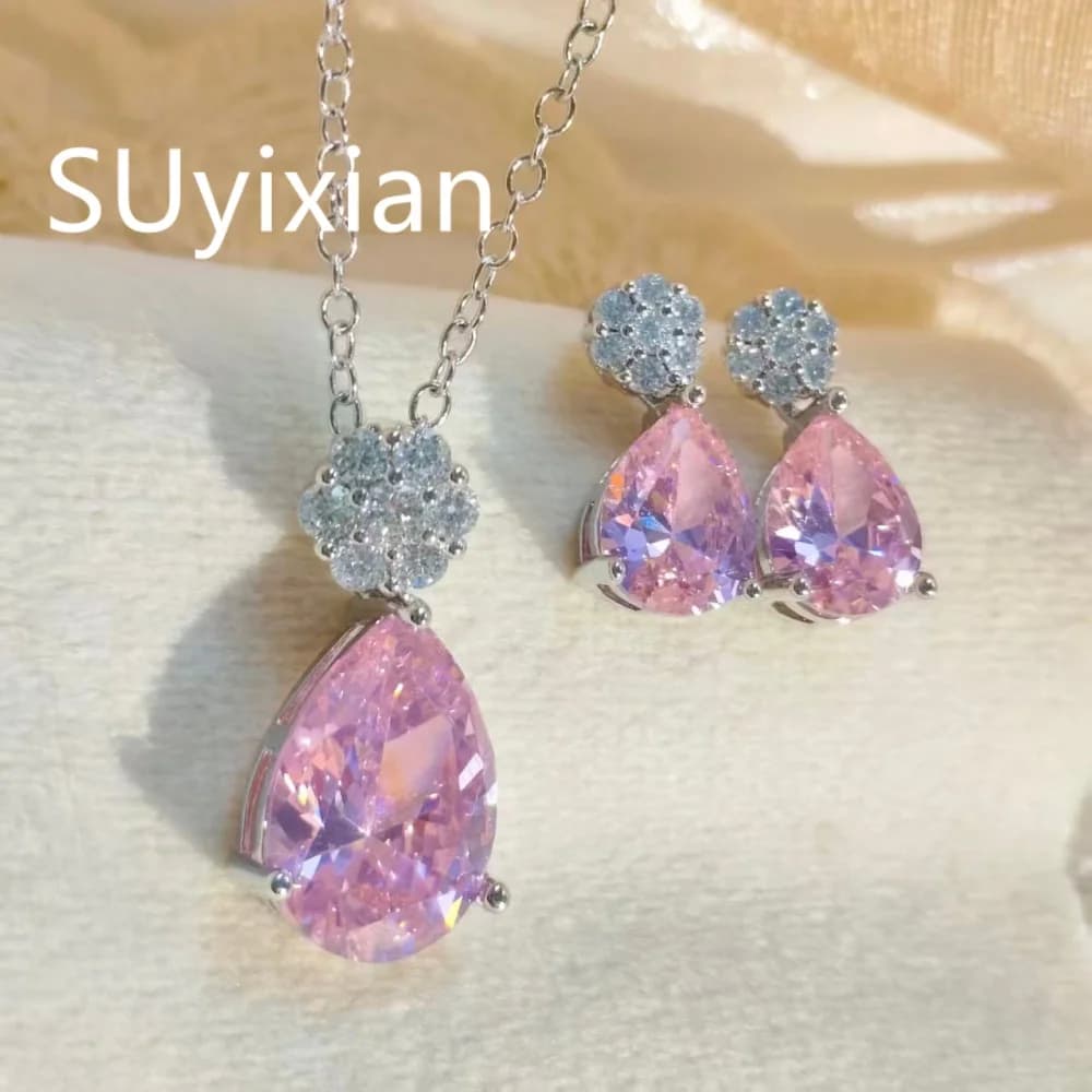 Set di Orecchini e Collana in Argento Sterling 925 con Zirconi Rosa a Goccia, Regalo di Lusso per Compleanno e Anniversario, Gioielli da Donna