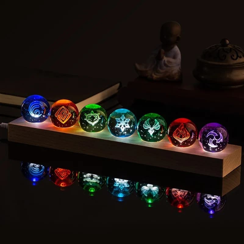 Nuova Sfera di Cristallo Genshin Impact 2026 da 6cm e 4cm, Luce Notturna con Sette Elementi Incisi in 3D, Lampada Atmosfera Decorativa da Scrivania