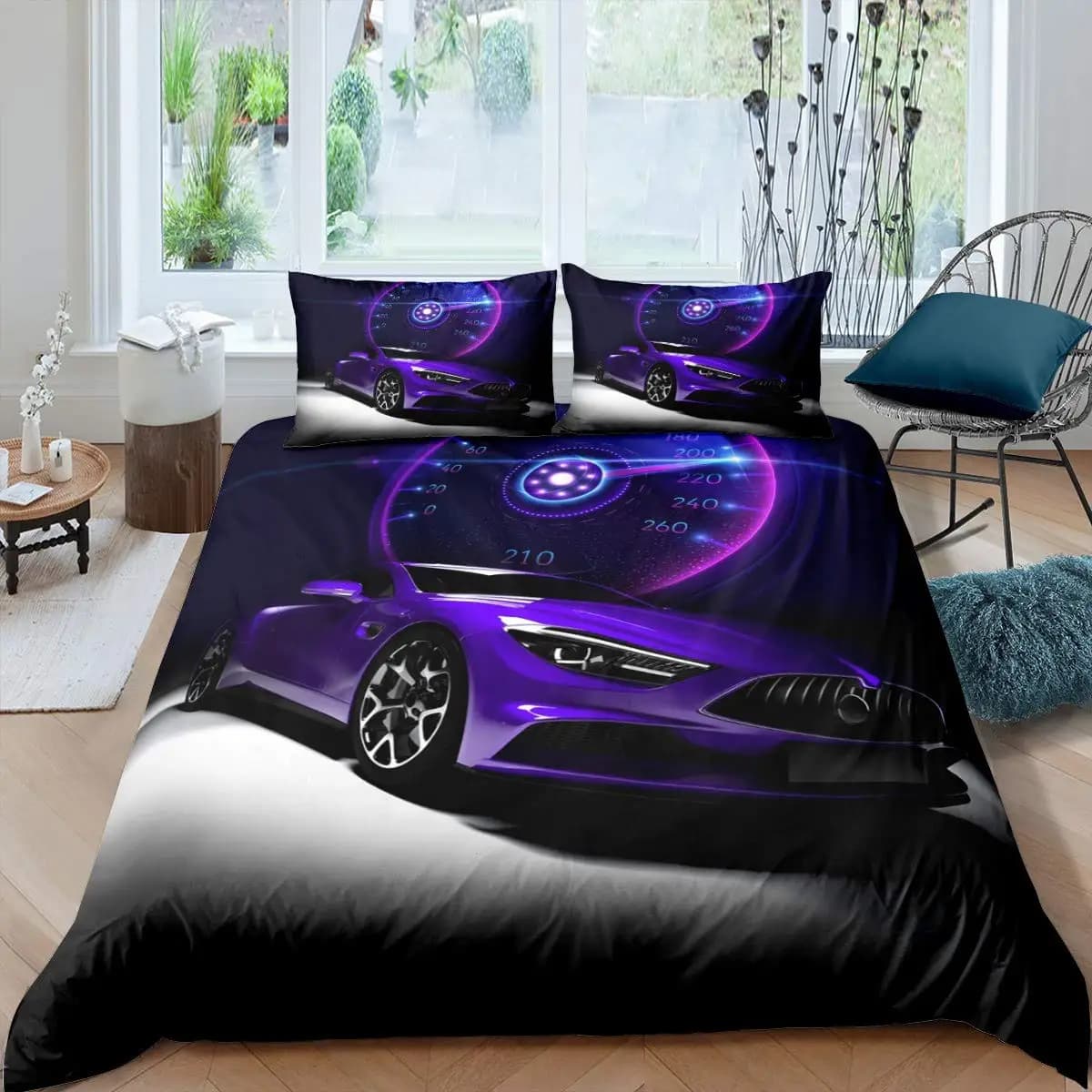 Copripiumino per auto da corsa King Queen Set di biancheria da letto da corsa Cool Speed Adolescenti Uomo Copripiumino per auto sportiva nera Copripiumino in poliestere